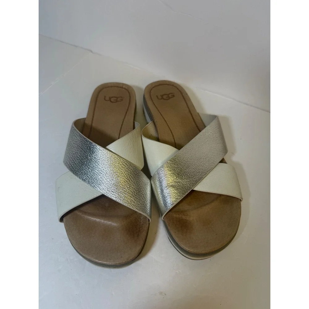 UGG Kari Metallic Silver Cream Leather Crisscross Slide Sandals 1018901 Womens 8